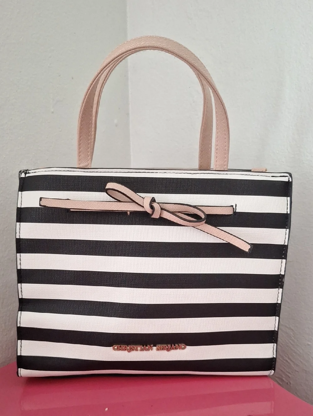 Christian Siriano Striped Black & White Tote with Blush Handles 9